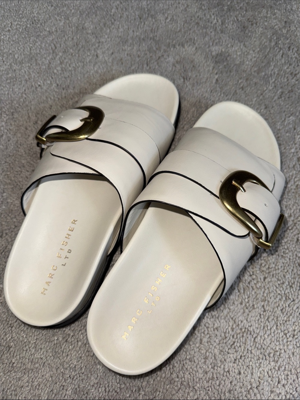 Marc Fisher White Leather Slide Sandals with Gold Buckle